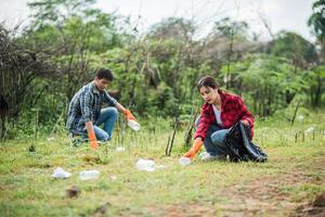 Men and women help each other to collect garbage. photo