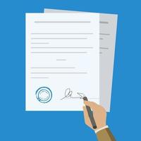 Contract-document signing. Hand signing contract simple style. Vector