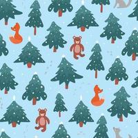 Christmas seamless pattern with hand drawn trees and animals for nursery prints, wallpaper, scrapbooking, wrapping paper, etc. EPS 10 vector
