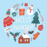 Cita de letras 'hola invierno' decorada con garabatos dibujados a mano. bueno para tarjetas de navidad, carteles, impresiones, invitaciones, etc. eps 10