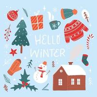 tarjeta de felicitación navideña con la cita de letras 'hola invierno' y garabatos dibujados a mano.l bueno para pegatinas, impresiones, carteles, impresiones, invitaciones, etc. eps 10 vector