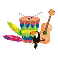 guitar with drum and toucan isolated icon vector