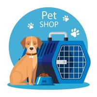 tienda de mascotas con perro y caja de transporte para mascotas vector