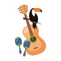 Maracas con guitarra y tucán icono aislado vector