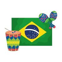 Tambor y maracas con bandera de Brasil icono aislado vector