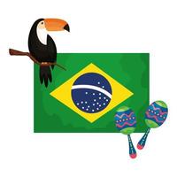 tucán y maracas con bandera de brasil vector