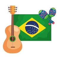 Guitarra y maracas con bandera de Brasil icono aislado vector