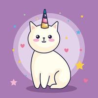 lindo gato unicornio con decoración de corazones y estrellas vector