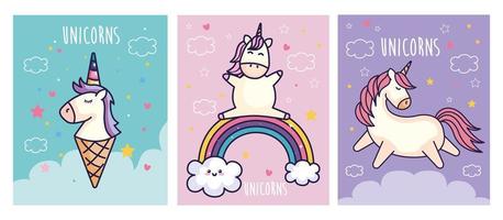 conjunto de lindos unicornios fantasía y decoración. vector