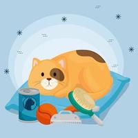 lindo gatito en cojín e iconos para el cuidado vector