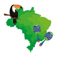 tucán y maracas con mapa de brasil vector