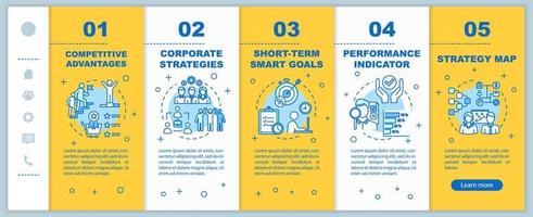 plantilla de vector de incorporación de estrategia corporativa. metas inteligentes. construyendo negocios. indicador de rendimiento. sitio web móvil receptivo con iconos. pantallas de pasos del tutorial de la página web. concepto de color rgb