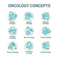 Oncology concept icons set. Cancer disease types and treatment. Medication of tumor. Healthcare idea thin line RGB color illustrations. Vector isolated outline drawings. Editable stroke