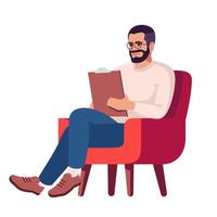 Man in glasses semi flat RGB color vector illustration. Guy with clipboard in armchair. Person taking notes. Interviewer. Psychology consultation. Isolated cartoon character on white background