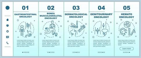 plantilla de vector de oncología onboarding. cáncer óseo y musculoesquelético. oncología gastrointestinal. sitio web móvil receptivo con iconos. pantallas de pasos del tutorial de la página web. concepto de color rgb