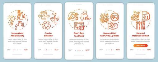 Responsible consumption onboarding mobile app page screen with concepts. Recycle, ecology. Consumerism walkthrough 5 steps graphic instructions. UI vector template with RGB color illustrations