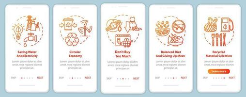 Pantalla de página de aplicación móvil de incorporación de consumo responsable con conceptos. reciclar, ecología. tutorial de consumismo instrucciones gráficas de 5 pasos. plantilla de vector de interfaz de usuario con ilustraciones en color rgb