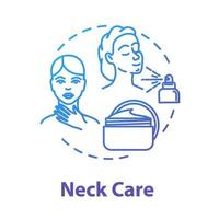 Neck care, skin youth and beauty concept icon. Body moisturizing, beauty products, cream and spray use idea thin line illustration. Vector isolated outline RGB color drawing. Editable stroke