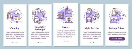 Sleeping onboarding mobile app page screen with concepts. Camping, hospitality exchange. Budget traveling walkthrough five steps graphic instructions. UI vector template with RGB color illustrations