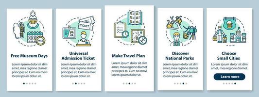 Excursions onboarding mobile app page screen, concepts. Free museum days. Choose small cities. Budget traveling walkthrough five steps graphic instructions. UI vector template, RGB color illustrations