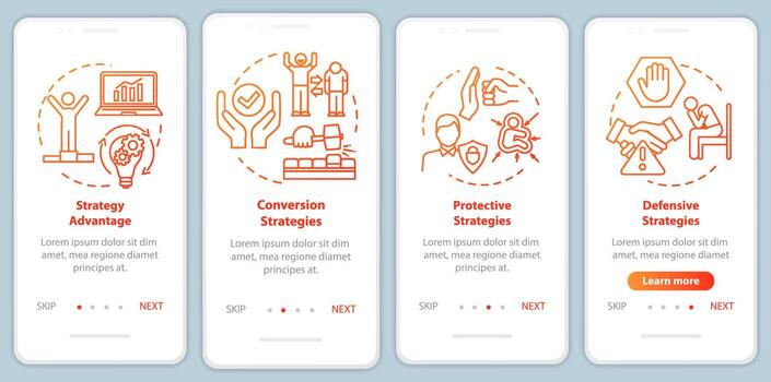 Strategy advantage onboarding mobile app page screen with concepts. Financially safe. Company walkthrough 4 steps graphic instructions. UI vector template with RGB color illustrations