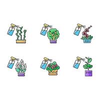 Spraying domesticated plants RGB color icons set. Houseplant caring. Indoor gardening. Watering miniature trees and flowering plants. Isolated vector illustrations