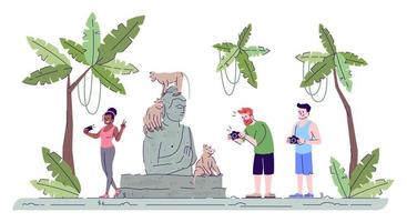 Tourists taking photos flat doodle illustration. People photographing primates and Buddha statue. Sacred monkey forest. Indonesia tourism 2D cartoon character with outline for commercial use