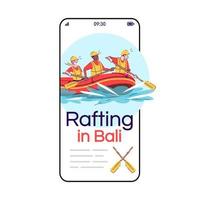 rafting en la pantalla de la aplicación de vector de teléfono inteligente de dibujos animados de bali. gente en balsa. actividad del agua. turismo indonesia. Pantalla de teléfono móvil con maqueta de diseño de personajes planos. aplicación teléfono linda interfaz