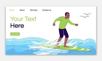 Surfing man landing page vector template. Extreme water activity. Active pastime. Indonesia tourism website interface idea with flat illustrations. Homepage layout. Web banner, webpage cartoon concept