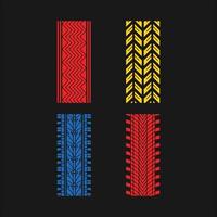 Tire patterns RGB color icons set. Detailed automobile, motorcycle, bike tyre marks. Car summer and winter wheel trace. Vehicle tire trail. Isolated vector illustrations on black background