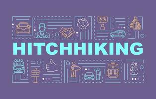 Hitchhiking word concepts banner. Budget travel. Auto stop. Money saving. Infographics with linear icons on eggplant background. Isolated typography. Vector outline RGB color illustration
