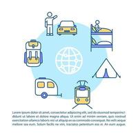 Budget tourism concept icon with text. Stay in hostel. Camping. Public transportation. PPT page vector template. Brochure, magazine, booklet design element with linear illustrations