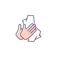 Dry hands with tissue RGB color icon. Wiping off dirt and germs from palms. Using antibacterial wipes. Removing microorganisms from hands. Isolated vector illustration. Simple filled line drawing