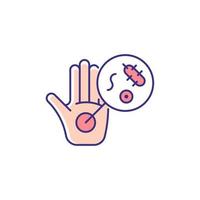 Dirty hands RGB color icon. Germs on unwashed hands. Spreading infectious diseases through handshake. Contaminated palms. Catch infection risk. Isolated vector illustration. Simple filled line drawing