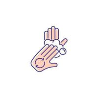 Rub palms with fingers RGB color icon. Regular handwashing. Covering hands with soap lather. Remove bacteria. Lathering palms with fingertips. Isolated vector illustration. Simple filled line drawing