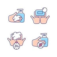 Hand hygiene RGB color icons set. Wash with brick soap. Antimicrobial skin cleanser. Scrub hands for twenty seconds. Antiseptic. Isolated vector illustrations. Simple filled line drawings collection