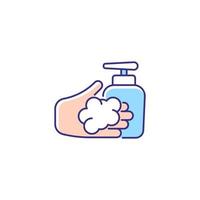 Washing with liquid soap RGB color icon. Minimizing germs transfer risk. Keeping hands smooth and moisturized. Antimicrobial skin cleanser. Isolated vector illustration. Simple filled line drawing