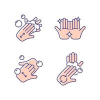 Washing hands instruction RGB color icons set. Rubbing hands together with soap. Cup fingers. Rub palms with fingers. Clean hands. Isolated vector illustrations. Simple filled line drawings collection