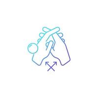 Interlink fingers gradient linear vector icon. Removing dirt between fingers. Hand hygiene. Cleaning under fingernails. Thin line color symbol. Modern style pictogram. Vector isolated outline drawing