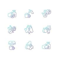 Hand washing steps gradient linear vector icons set. Removing germs from hands. Applying soap and disinfectant. Thin line contour symbols bundle. Isolated outline illustrations collection