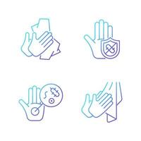 Infection prevention gradient linear vector icons set. Wiping off dirt, germs. Dry hands with towel. Microbes protection. Thin line contour symbols bundle. Isolated outline illustrations collection