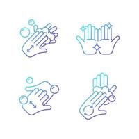 Washing hands instruction gradient linear vector icons set. Rubbing palms together with soap. Cup fingers. Clean hands. Thin line contour symbols bundle. Isolated outline illustrations collection