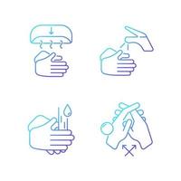 Proper handwashing gradient linear vector icons set. Hand-drying method. Wetting hands with water. Rub palms together. Thin line contour symbols bundle. Isolated outline illustrations collection