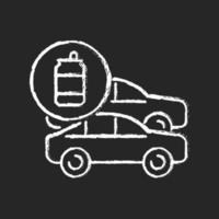 Cars made from recycled steel chalk white icon on dark background. Vehicles from aluminum cans. Recycling beverage containers. Reprocessed material. Isolated vector chalkboard illustration on black