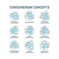 Consumerism blue concept icons set. Mindless purchasing. Reasons to buy more. Spend money. Excessive buying idea thin line color illustrations. Vector isolated outline drawings. Editable stroke