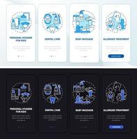 pantalla de la página de la aplicación móvil de incorporación de enfermería infantil. Tutorial de salud física infantil Instrucciones gráficas de 4 pasos con conceptos. ui, ux, plantilla de vector de interfaz gráfica de usuario con ilustraciones lineales en modo día y noche