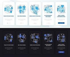 crianza de los niños consejos sobre la incorporación de la pantalla de la página de la aplicación móvil. Tutorial de salud mental para niños Instrucciones gráficas de 5 pasos con conceptos. ui, ux, plantilla de vector de interfaz gráfica de usuario con ilustraciones lineales en modo día y noche