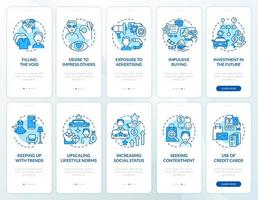 Consumerism blue onboarding mobile app page screen set. Excessive buying reasons walkthrough 5 steps graphic instructions with concepts. UI, UX, GUI vector template with linear color illustrations