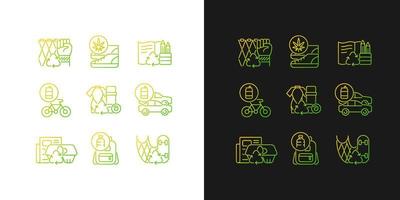 Reducing waste gradient icons set for dark and light mode. Upcycling products. Eco friendly shoes. Thin line contour symbols bundle. Isolated vector outline illustrations collection on black and white