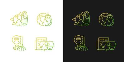 Processing recycled material gradient icons set for dark and light mode. Sustainable camping gear. Thin line contour symbols bundle. Isolated vector outline illustrations collection on black and white